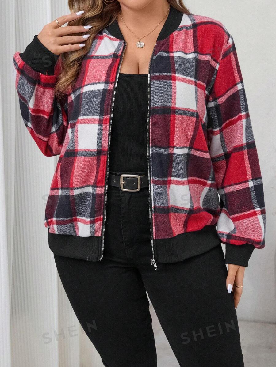 SHEIN LUNE Chaqueta bomber de manga larga a cuadros multicolor para mujer de talla grande, ropa de invierno cómoda, conjunto para Año Nuevo, outfit de Nochevieja, conjunto de fiesta