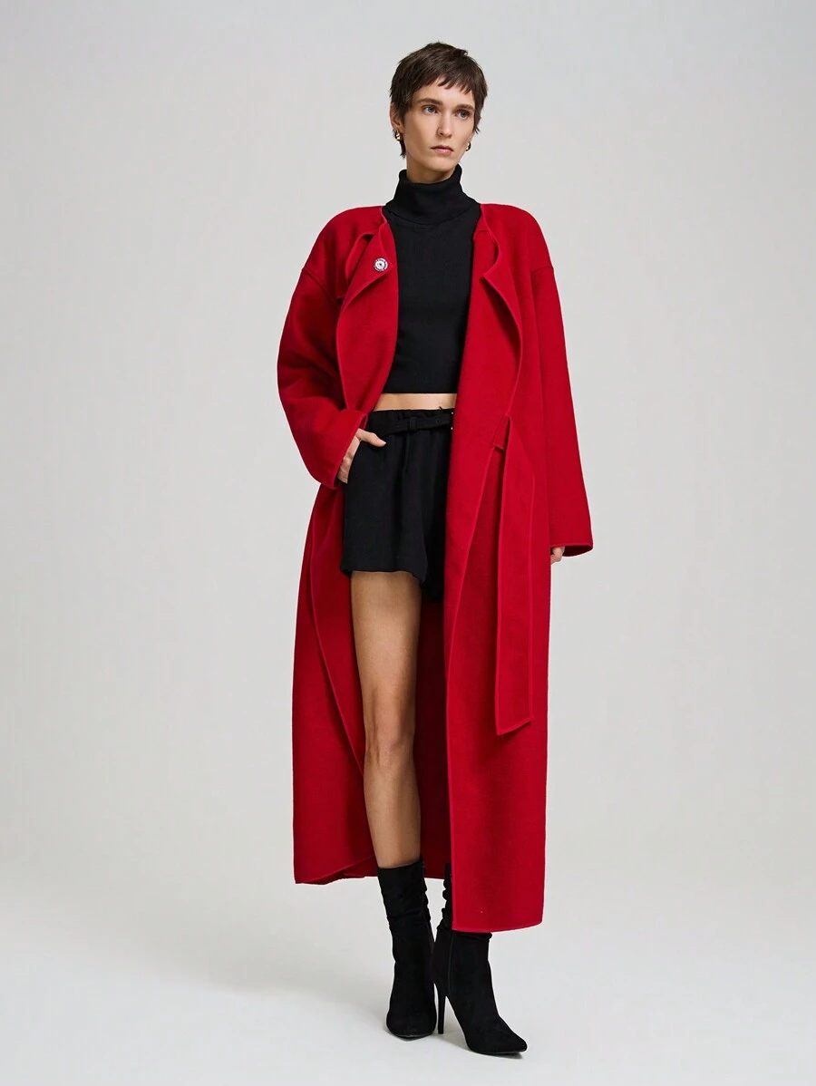 Ontre Women's 2025 Spring New Arrivals Long Round Neck Double-Sided Overcoat, Women Woolen Coat, Double-Faced Fabric Red 50cm Long Fashionable Overcoat, Round Collar Long Sleeve With Real Pockets, Casual Outfit