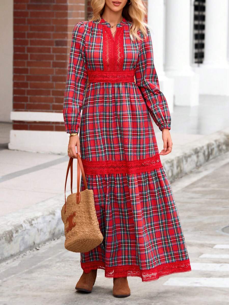SHEIN VCAY Women Vintage Plaid Lantern Sleeve Patchwork A-Line Extra Long Casual Vacation Dress, Autumn/Winter