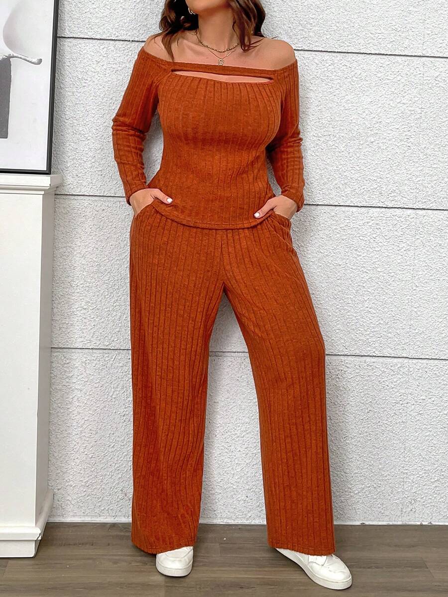 Franclia Plus Size Women's Autumn/Winter Off Shoulder Long Sleeve Knitted 2 Pieces Set