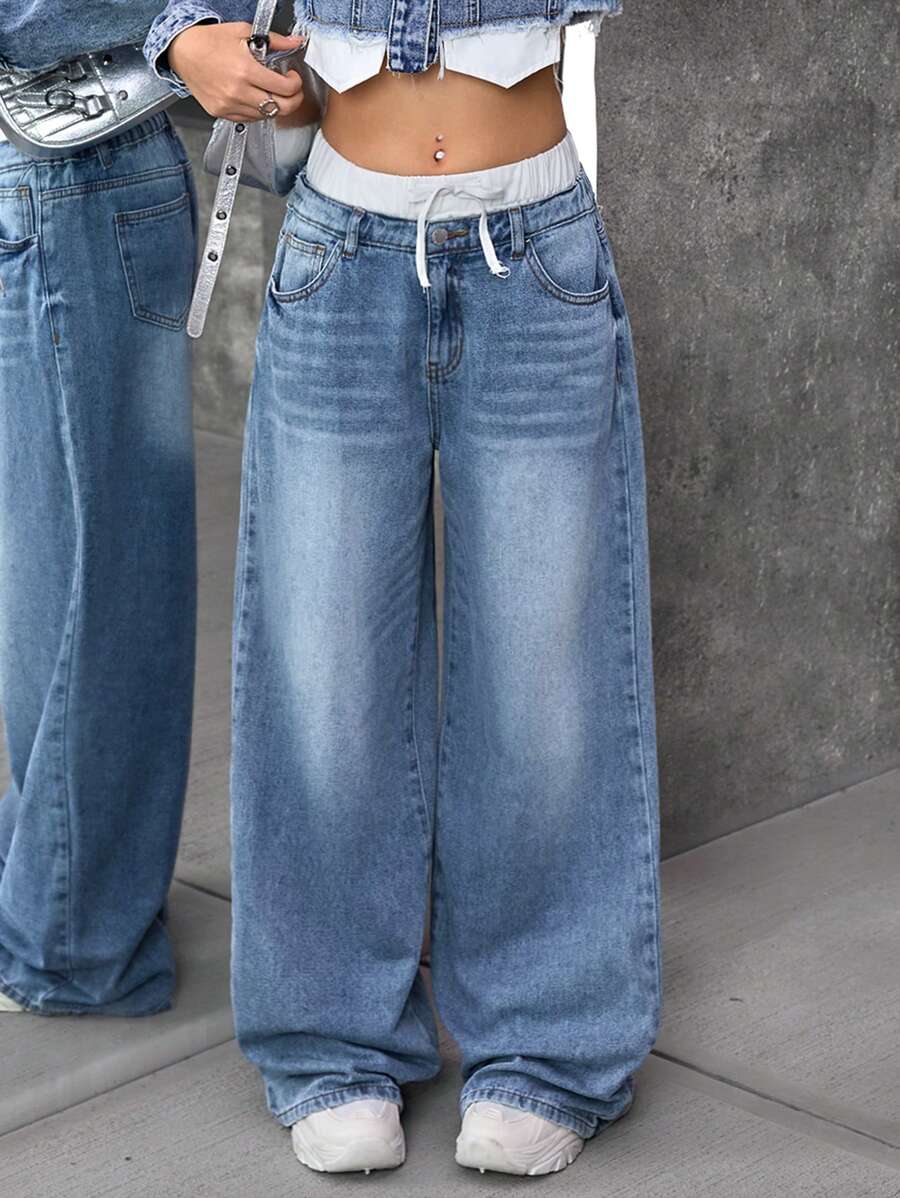 SHEIN Tienermeisje Y2K Blauwe Denim Thermische Gevoerde Kleur Blokkerende Tailleband Wijde Pijpen Broek, Herfst/Winter, Meisjes Herfst En Winterkleding, Coole Outfit/Meisjes Thanksgiving Outfit