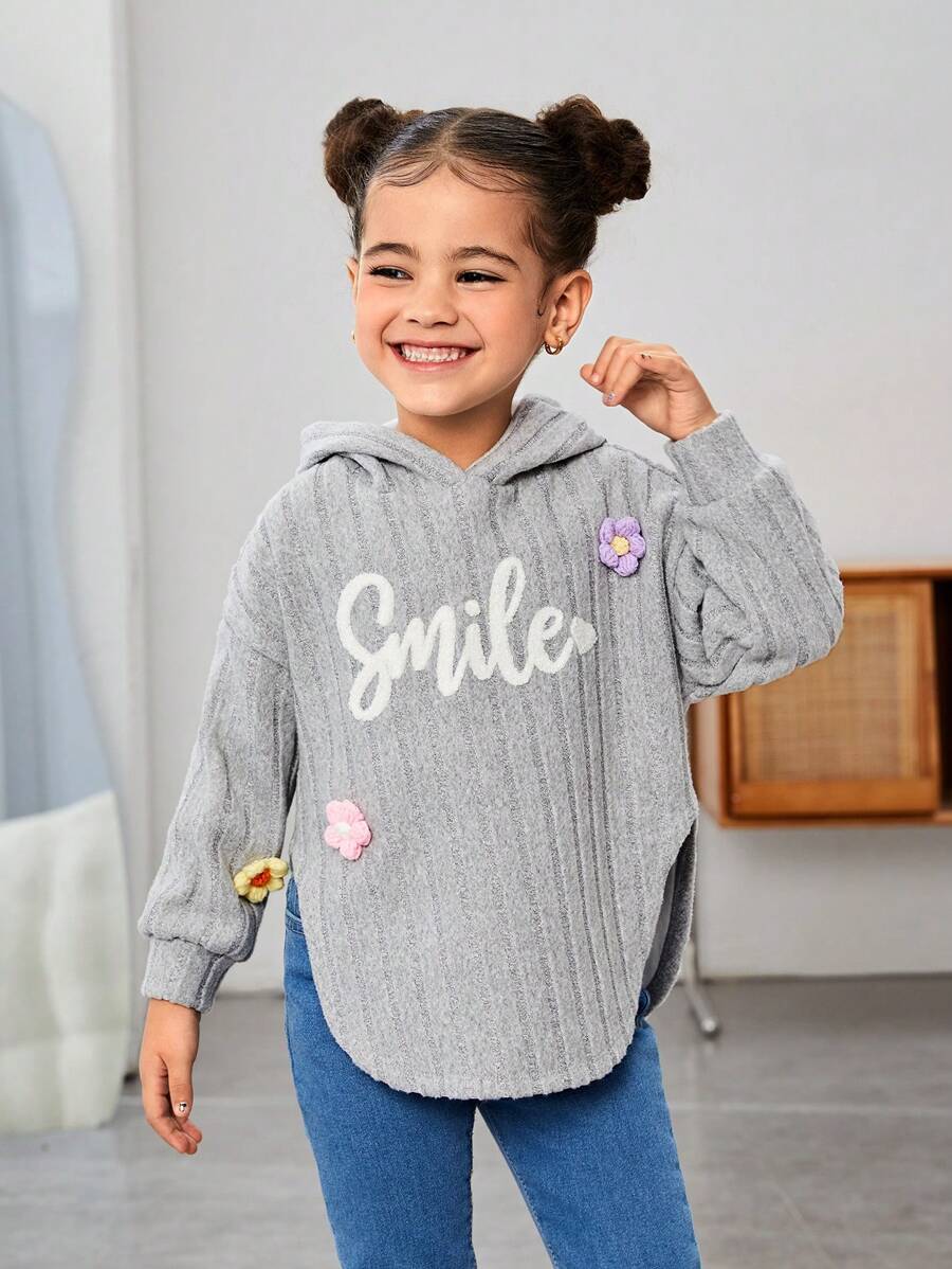 SHEIN Jong meisje & Jong meisje 3D bloemen gebreide samengestelde fleece capuchontrui met gebogen zoom, geschikt voor casual dagelijks gebruik