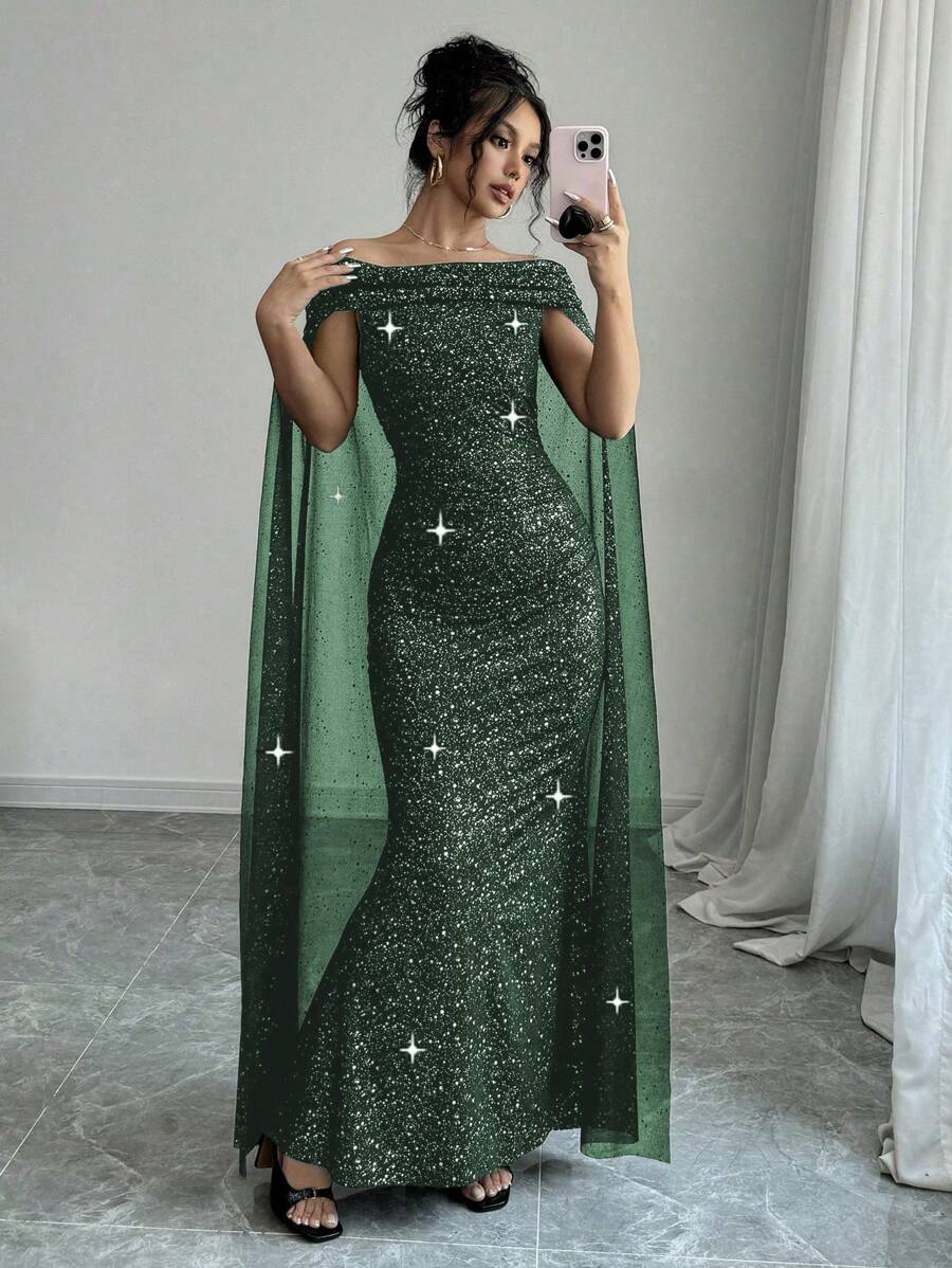 Rafferiza Vestido capa elegante y casual de mujer con ajuste delgado, minimalista y de lujo con hombros descubiertos y brillo