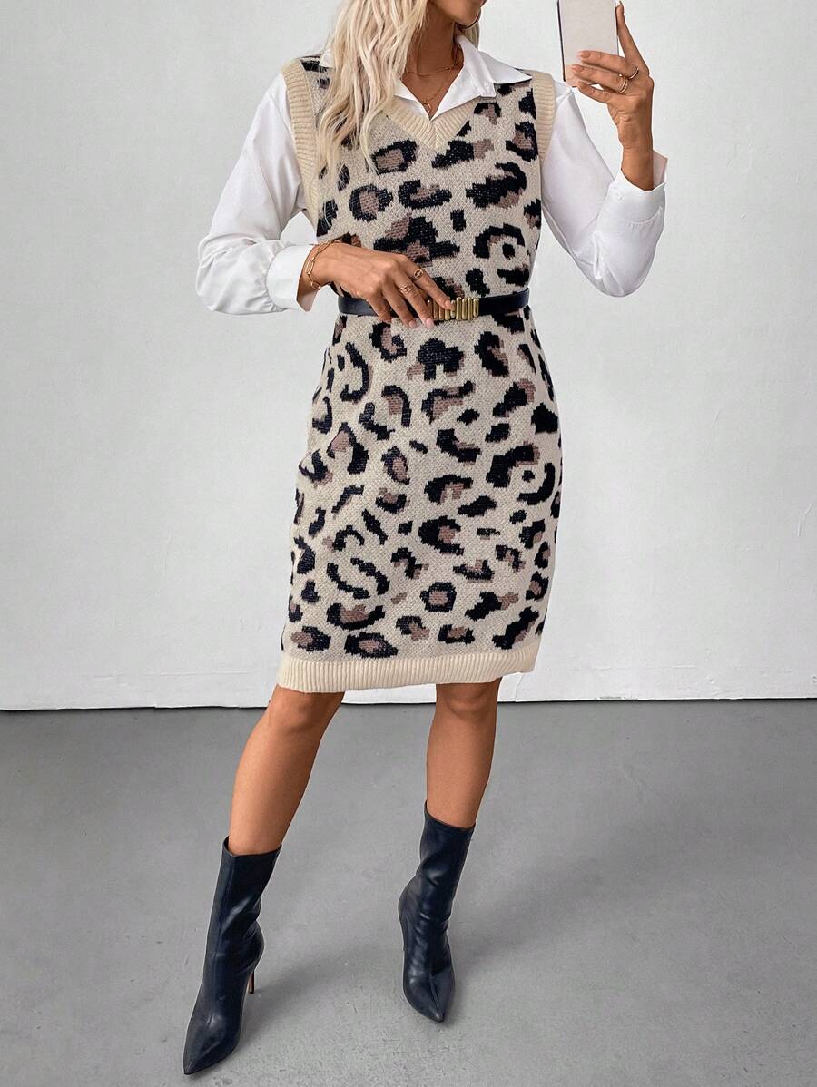 SHEIN Clasi Leopard Pattern Jacquard Sleeveless Knitted Casual Dress, Autumn/Winter