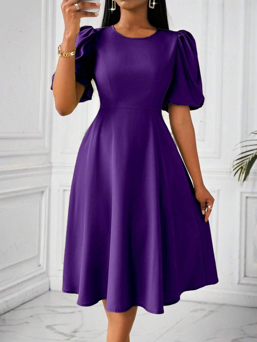 Lyxana Green Women's Long Puff Sleeve Waisted Flare Dress, Spring/Summer Maxi Women Outfit