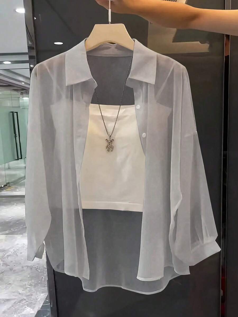 Franclia Minimalist Solid Color Transparent Basic Collared Shirt