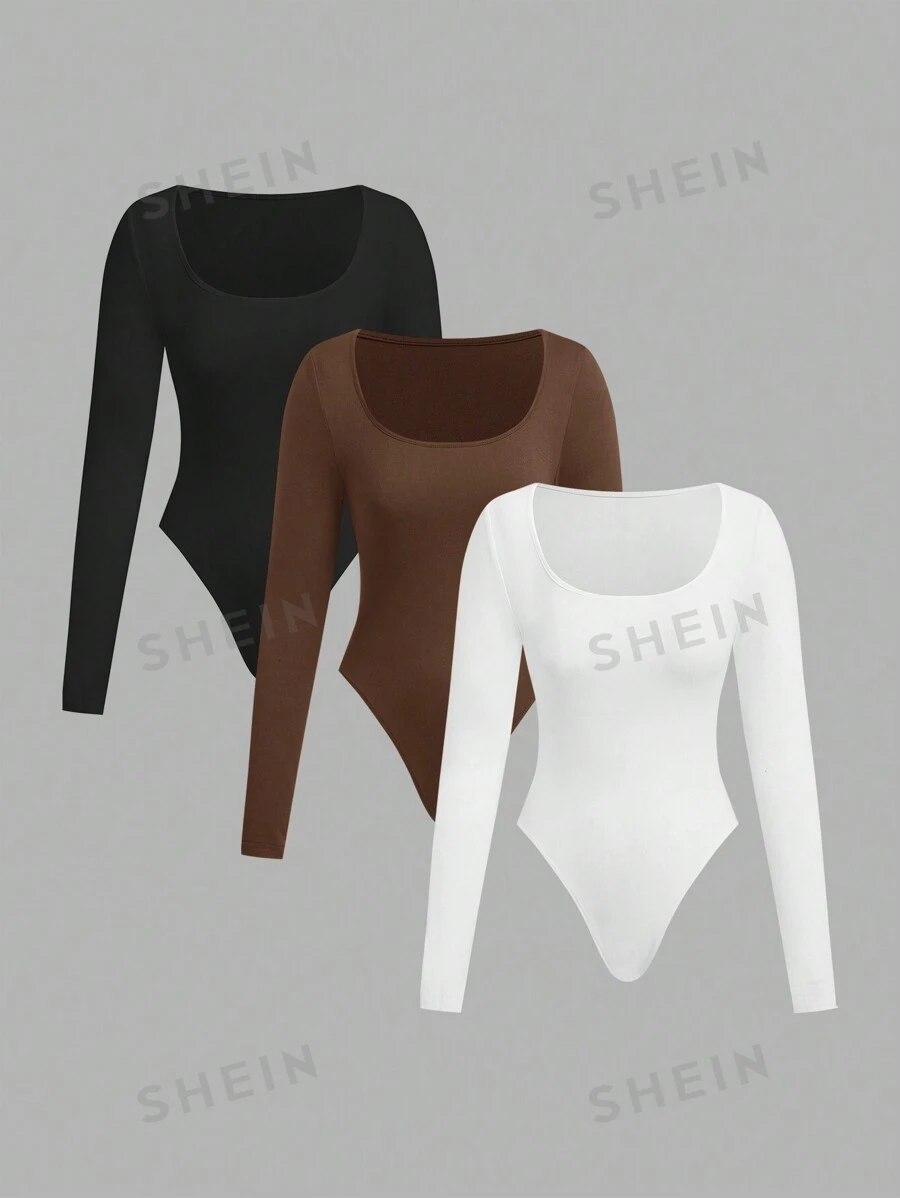 SHEIN EZwear Set de 3 bodys de manga larga con cuello cuadrado para mujer