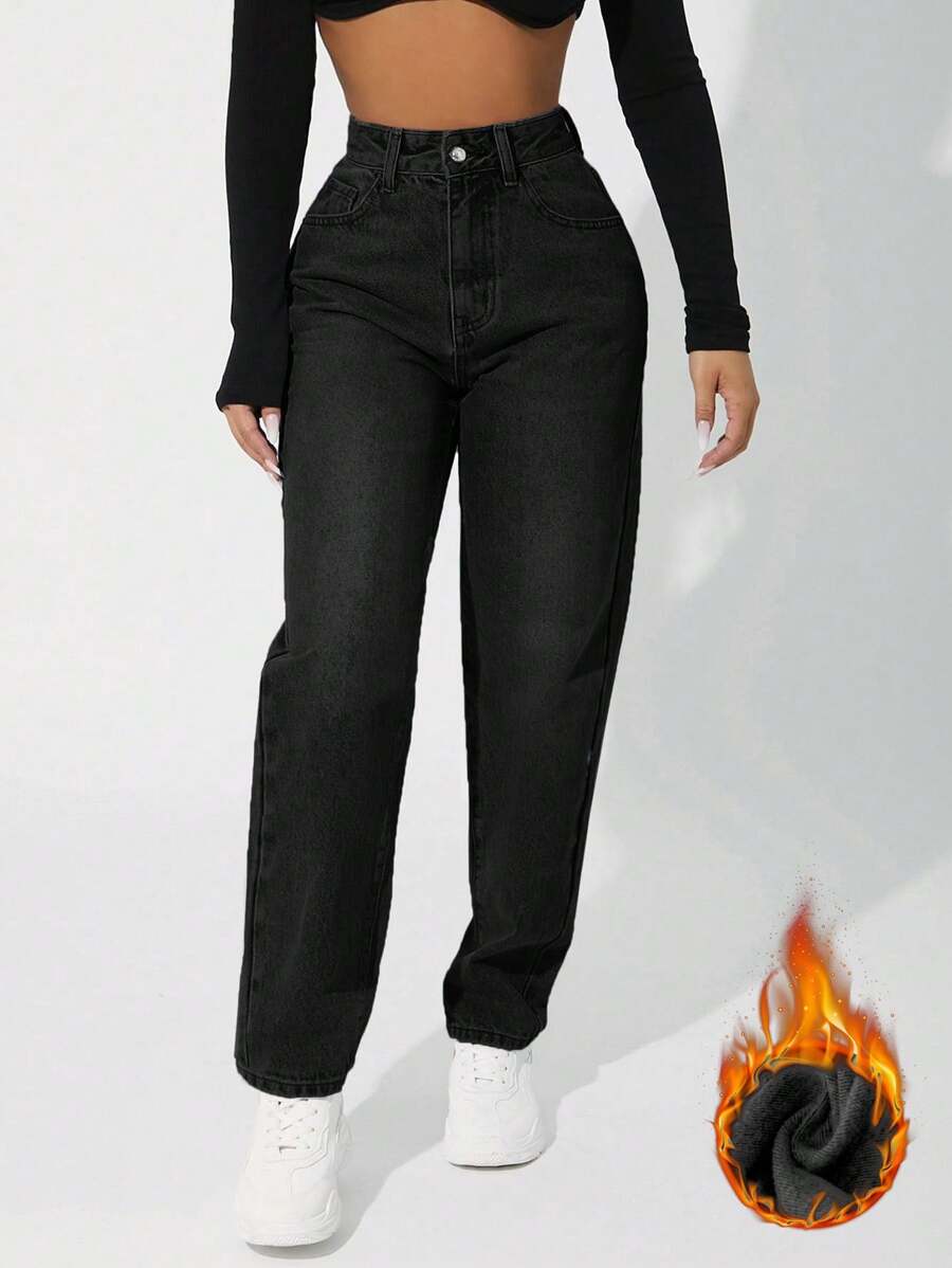 Jeans droits décontractés pour femmes avec poches. Tenue de Thanksgiving, tenue de Noël pour femmes avec doublure thermique