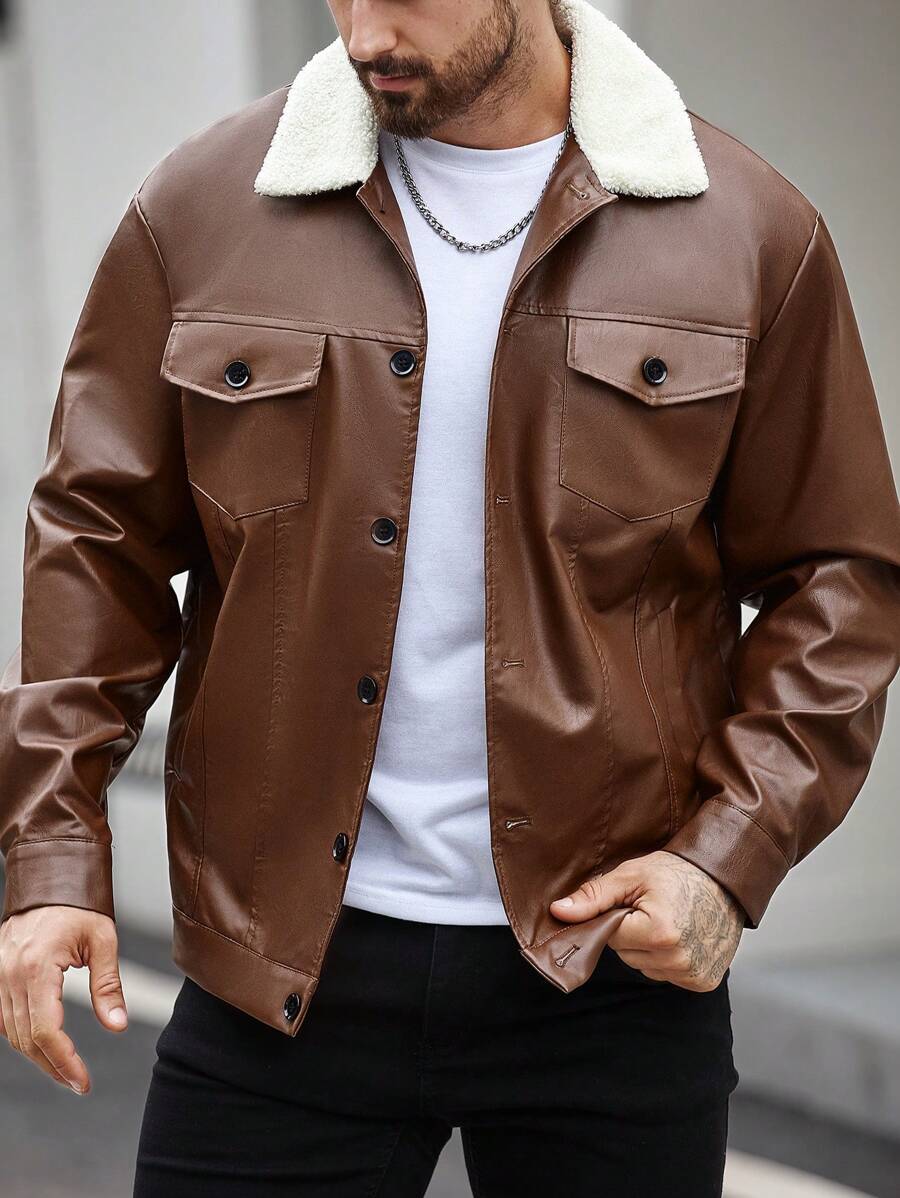 Manfinity Homme Chaqueta casual de otoño/invierno para hombre, con cuello de sherpa y color block en piel de imitación