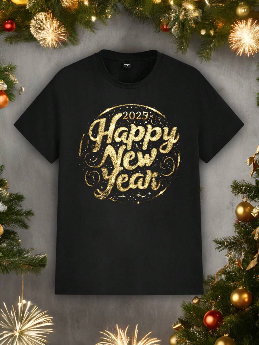 Manfinity Homme Plus Size Men's Casual 2025 New Year Faux Gold Foil Graphic Print Couple T-Shirt