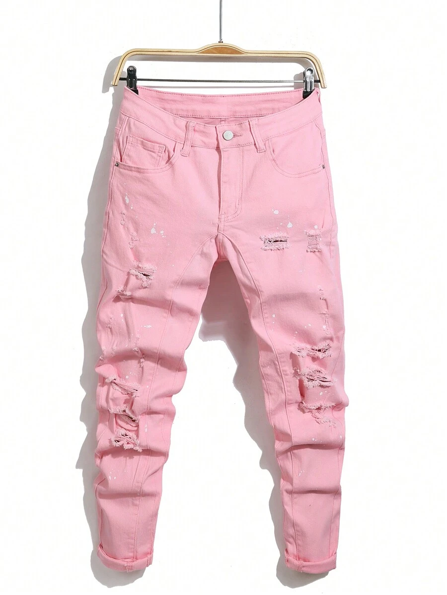 Manfinity Homme Pantalones vaqueros casuales de talla grande para hombres con bolsillos y efecto desgastado, de corte ajustado a la