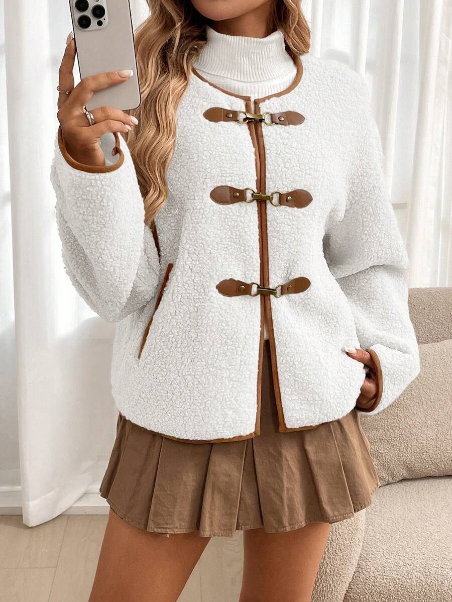 SHEIN LUNE Thick Fleece Outdoor Hiking Sports Casual Retro Regular Jacket For Women, Autumn/Winter