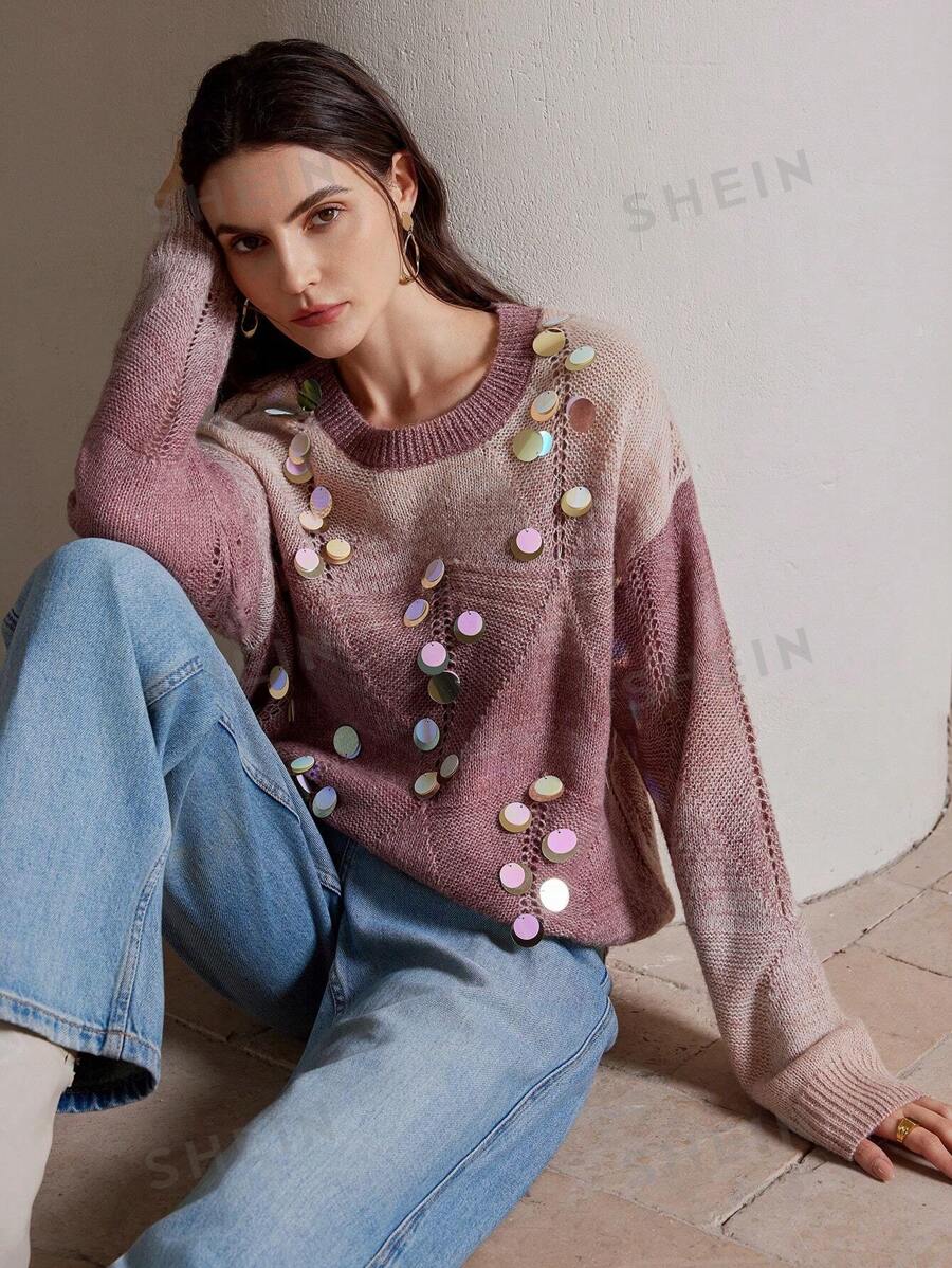 Anewsta Suéter moderno de mujer con pesadas lentejuelas y patrón de flores aleatorio para ropa de Año Nuevo