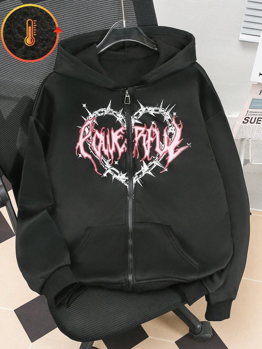 SHEIN Teen Girls Zip Up Hoodie With Graphic Print, Suitable For Casual Commute, School, Gathering In Autumn