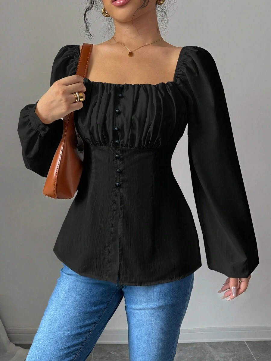 Calvaya New Style French Elegant Square Neck Ruched Cut-Out Blouse