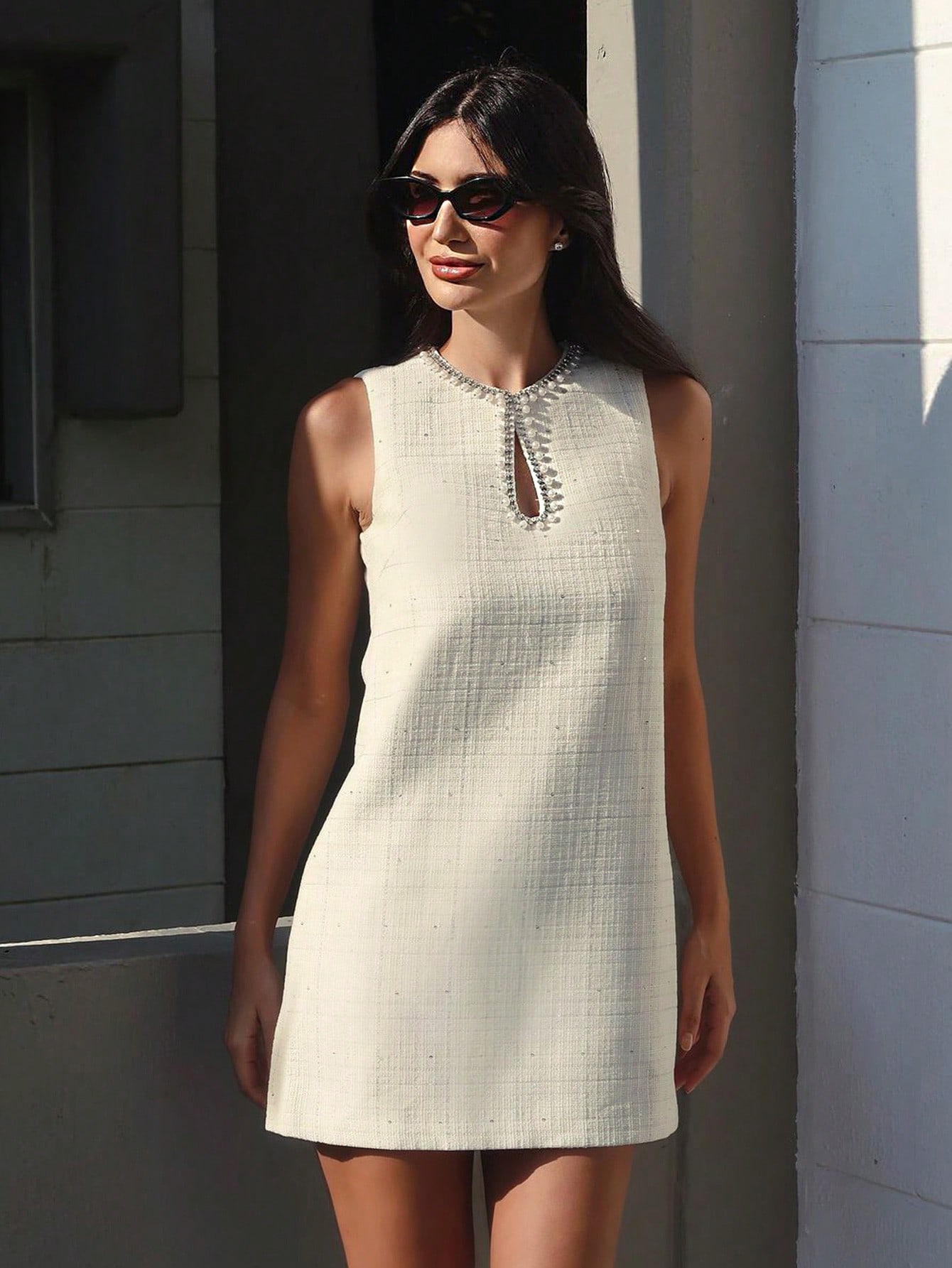 ワンピース [I AM MARI] Chloe Tweed Chiffon Tie Dress A-Line V-Neck Empire Knee Length Chiffon Zipper Dress