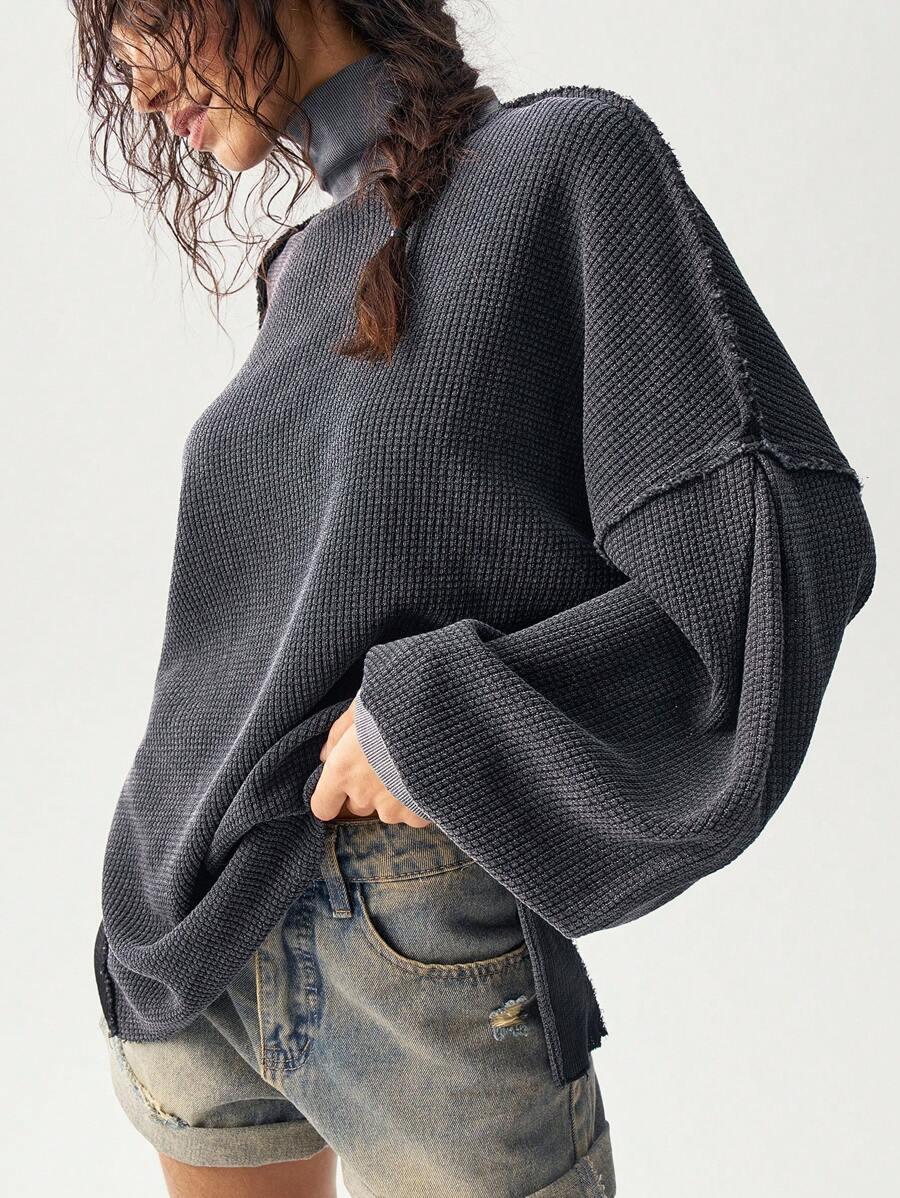 Bohemela Women's Casual Solid Color Knitted Turtleneck Lantern Sleeve Loose Slit Sweatshirt