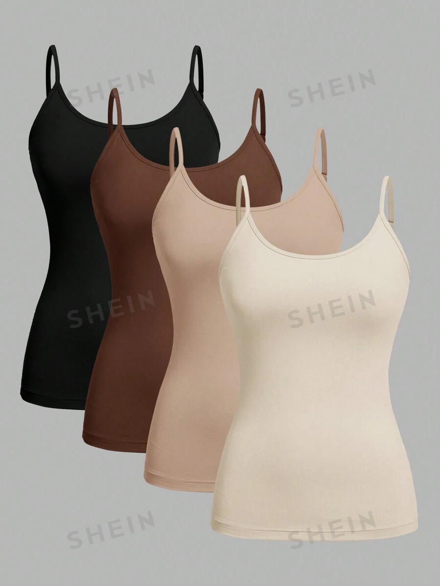 SHEIN EZwear Set de 4 piezas de Ropa interior básica de verano compuesto por camiseta de tirantes y mallas minimalistas y casuales para mujeres