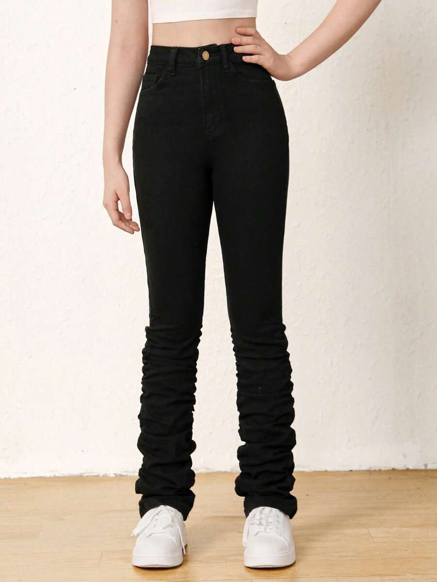 SHEIN Vaqueros Apilados De Color Liso Para Chica Adolescente
