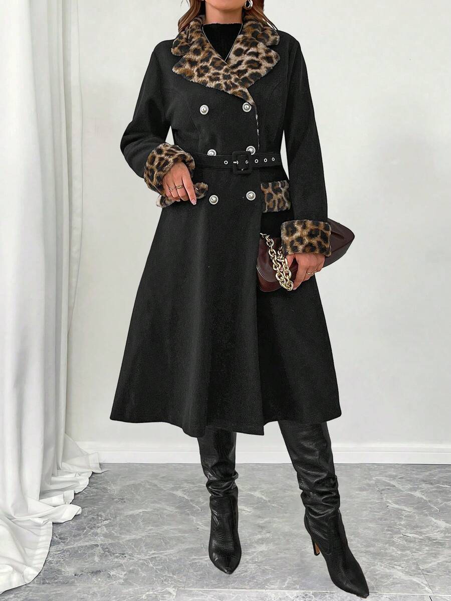 Celure Plus Size Vrouwen Luipaard Print Patchwork Parel Gesp Taille Riem Elegante Herfst/Winter Jas