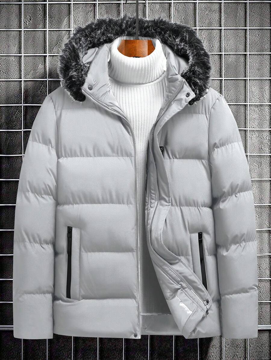 Manfinity Homme Abrigo acolchado con capucha de manga larga y color liso para uso diario para hombres, ropa de otoño para hombres, abrigo de invierno para hombres, abrigo de invierno de color liso con forro polar cálido, abrigo de invierno negro