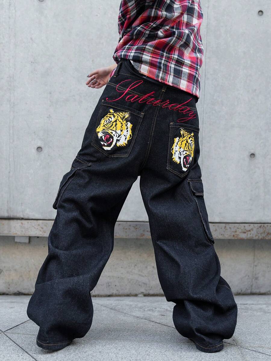 Manfinity EMRG Pantalones casuales con tirantes de tela vaquera y estampado, minimalistas y de moda para uso diario