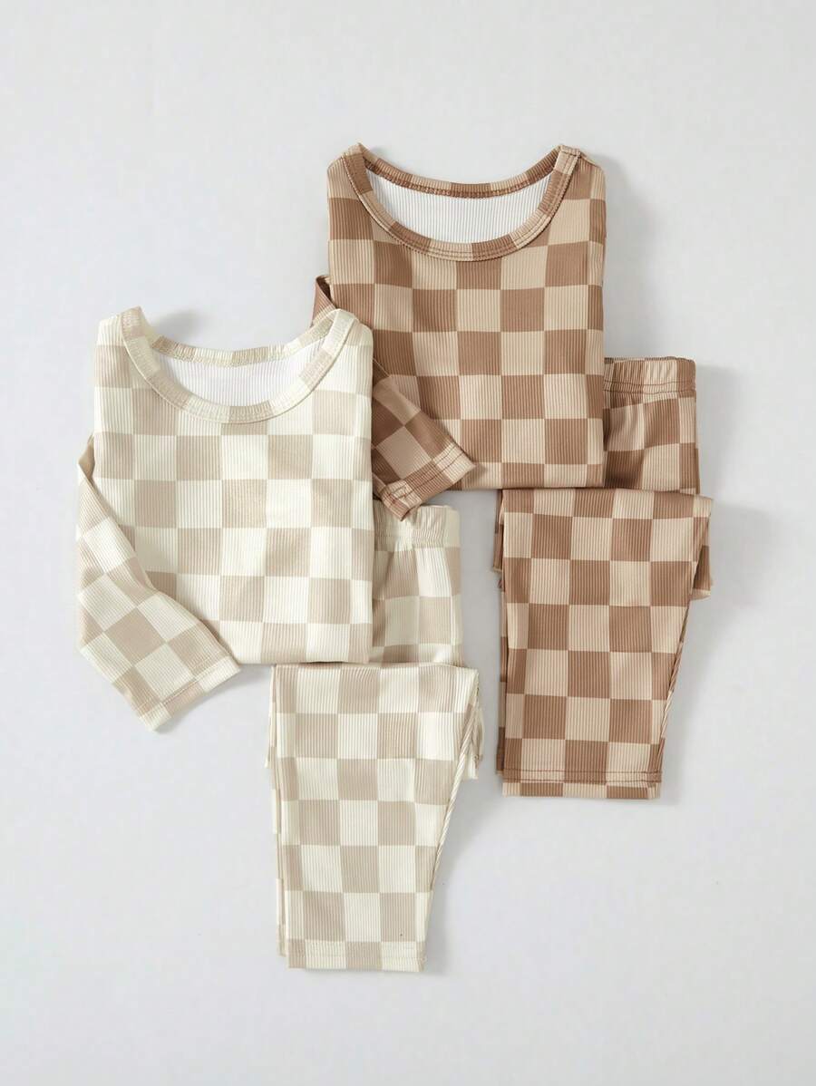 Baby Boy 2 Pieces Set, Ribbed Fabric Top & Checkerboard Pattern Bottoms Outfit, Fashionable For Indoor Or Autumn/Winter Base Layer Wear