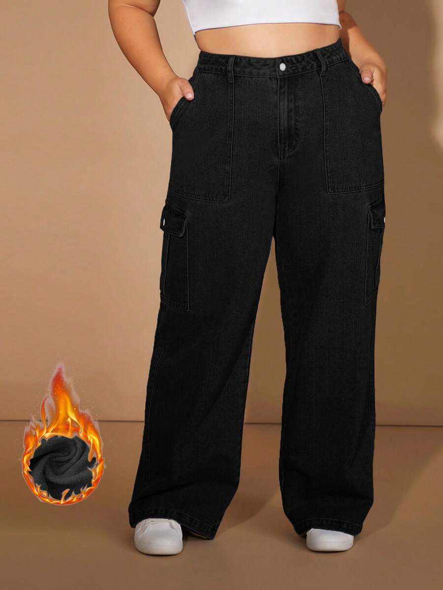 SHEIN EZwear Plus Size Damskie Zniszczone Czarne Proste Nogawki Jeansowe Z Kieszeniami