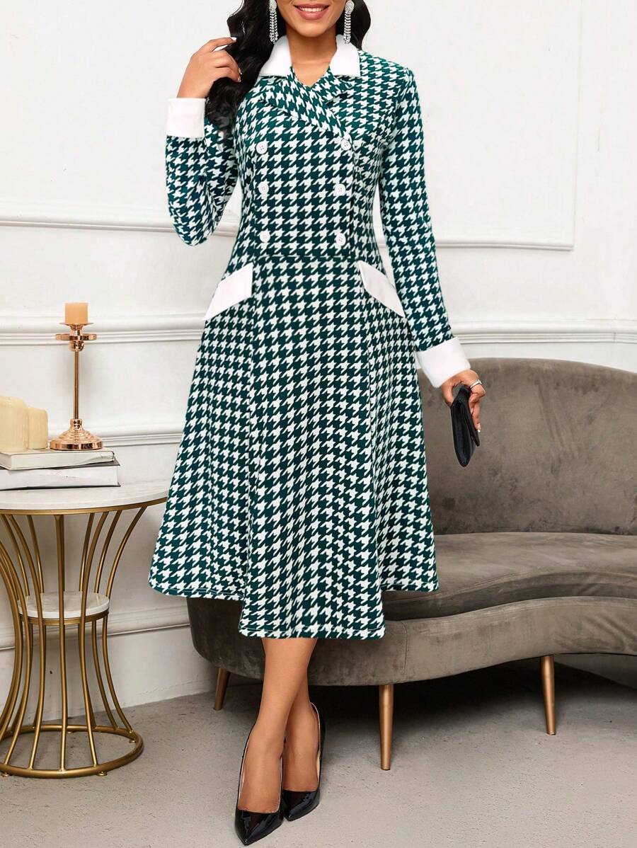 SHEIN Lady Robe croisée double élégante à imprimé pied-de-poule, automne