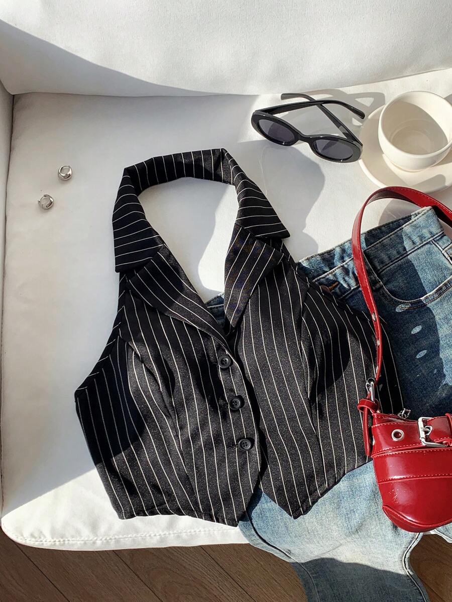 Comfortcana Ladies New Striped Button Front Sleeveless Vest