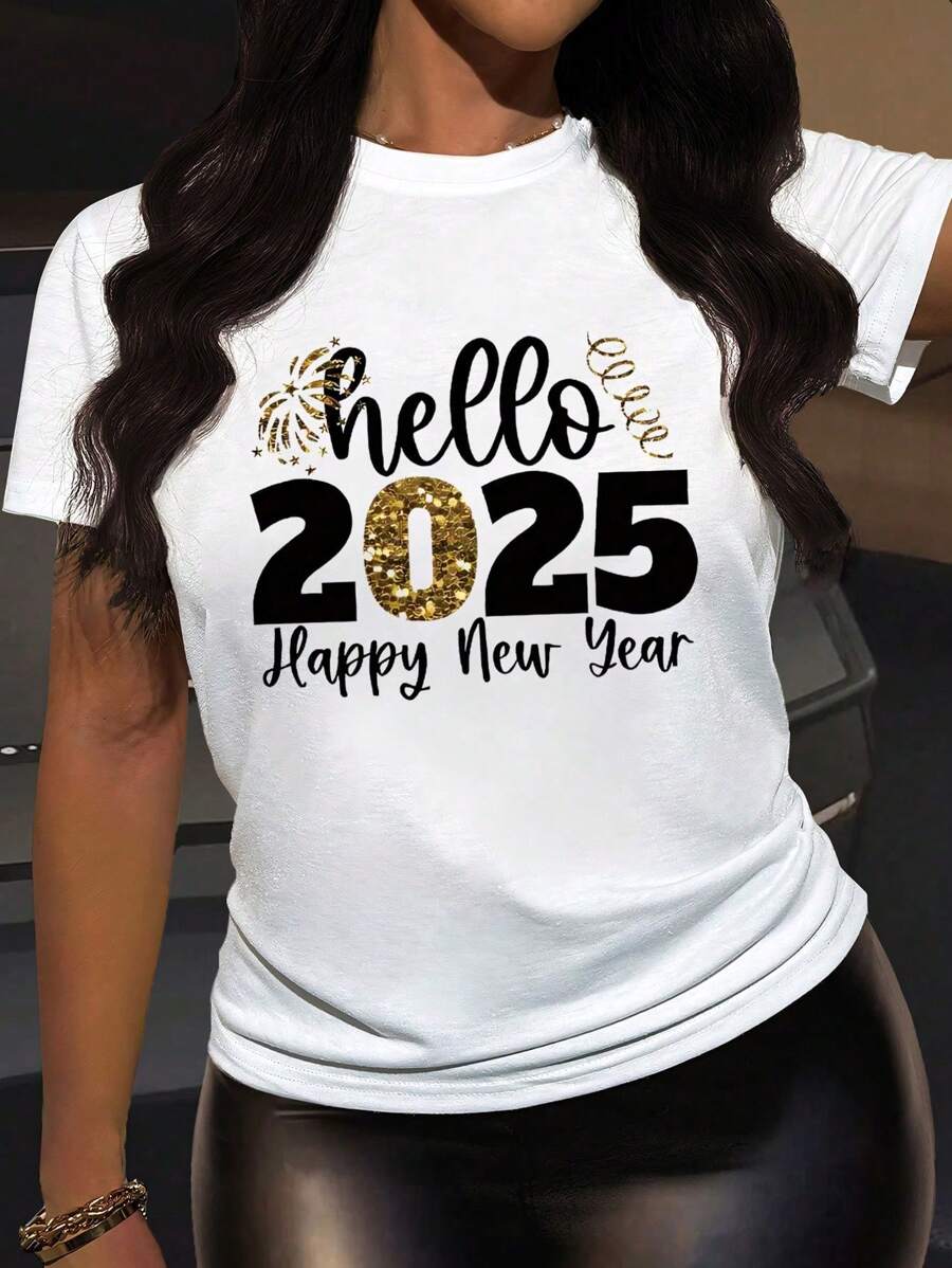 SHEIN Slayr Plus Size Lato 2 Części Żółty Błyszczący Cekin "Witaj 2025" Grafika Nadruk Swobodny Dopasowany Krótki Zestaw Dla Kobiet Koszulki z Grafiką Damskie Topy