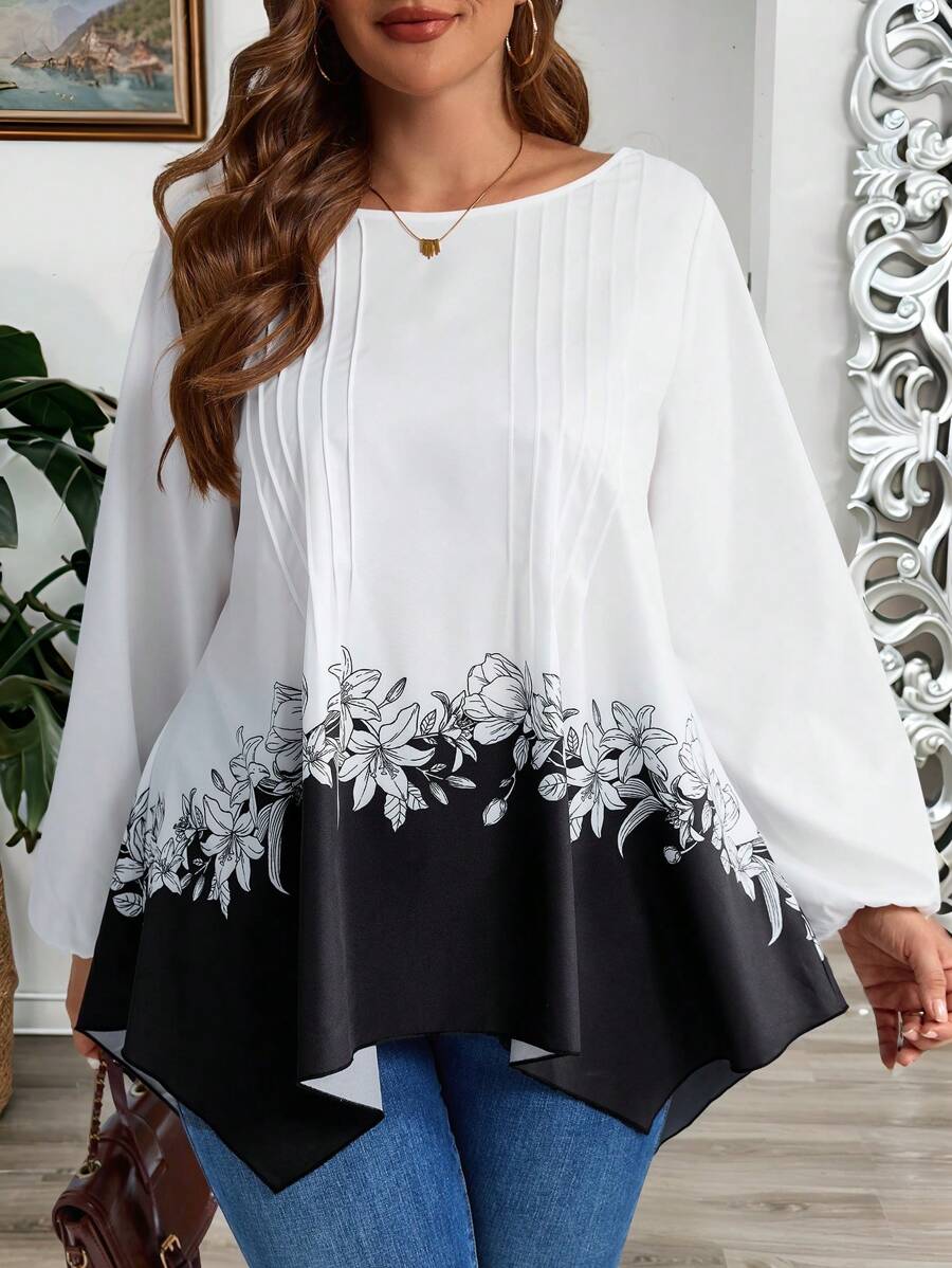 EMERY ROSE Ropa de invierno talla grande para mujeres, ropa navideña para mujeres, blusa elegante para mujeres con cuello redondo, mangas farol y estampado floral plisado para otoño