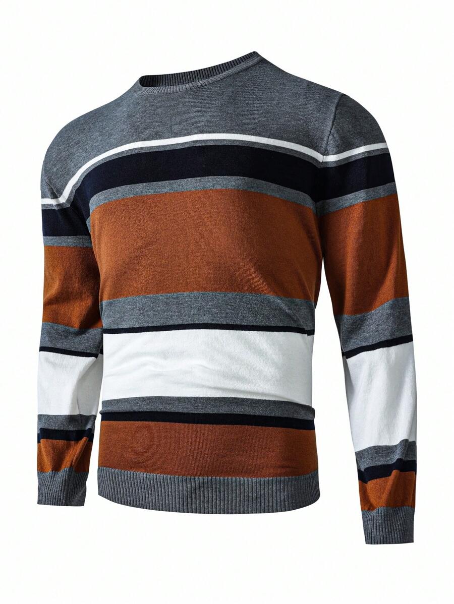 Manfinity Homme Suéter informal de manga larga con cuello redondo y rayas, tallas grandes para hombre, otoño/invierno