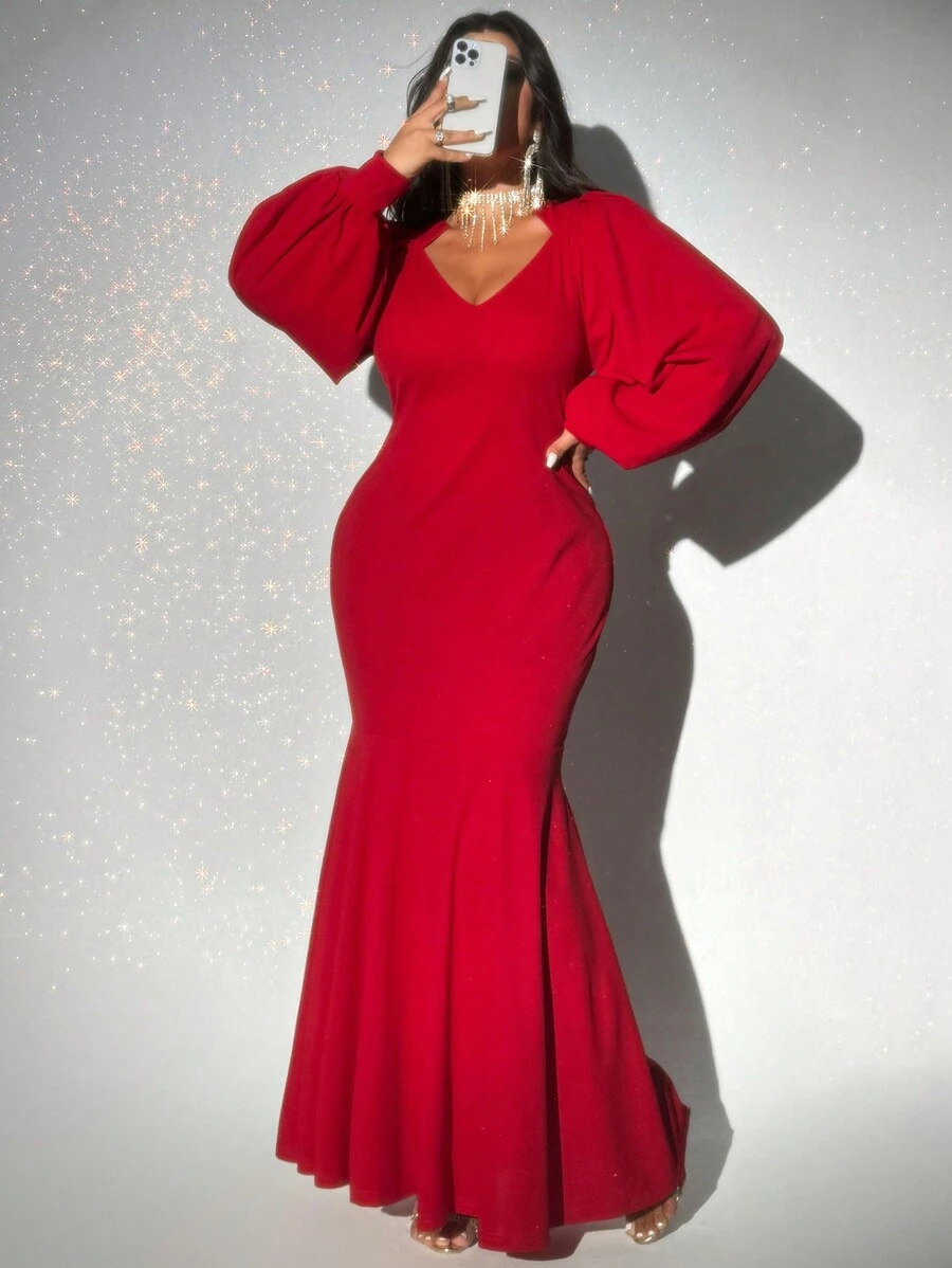 Viva Relle Plus Size Fitted V-Neck Mermaid Dress, Solid Color For New Year Clothes Maxi Women Outfit