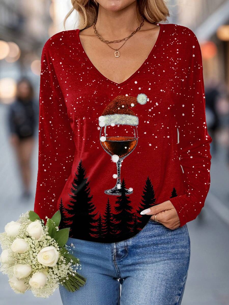 EMERY ROSE Camiseta de manga larga con cuello en V para mujer talla grande, con estampado casual suelto de árbol de Navidad y copa de vino tinto, adecuada para el atuendo navideño de otoño/invierno