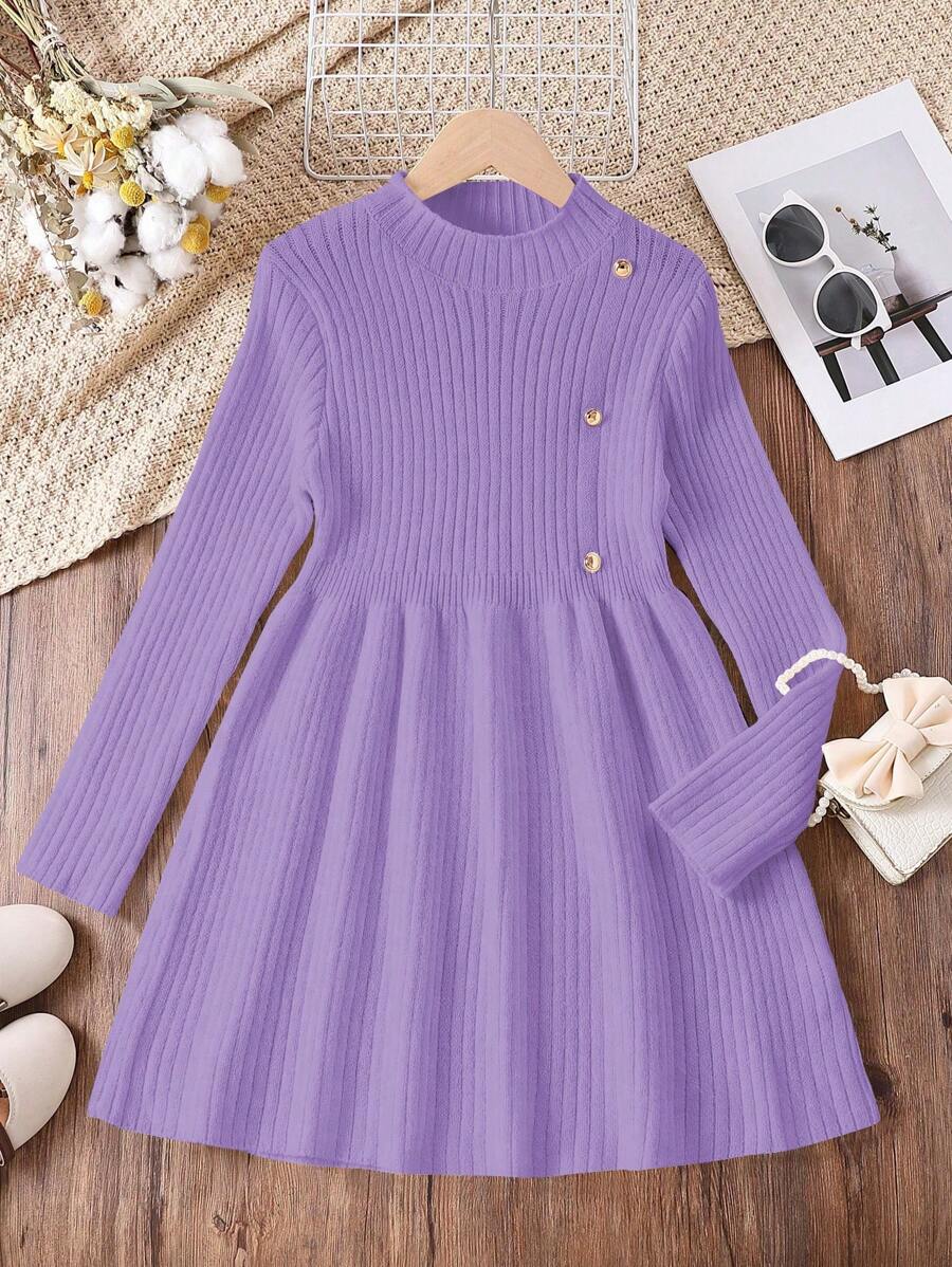 Tween Girls Fashion Casual Elegant Solid Color Knit Dress, Geschikt voor Verschillende Gelegenheden Met Franse Aristocratische En Koninklijke Stijl, Sierlijk En Verfijnd