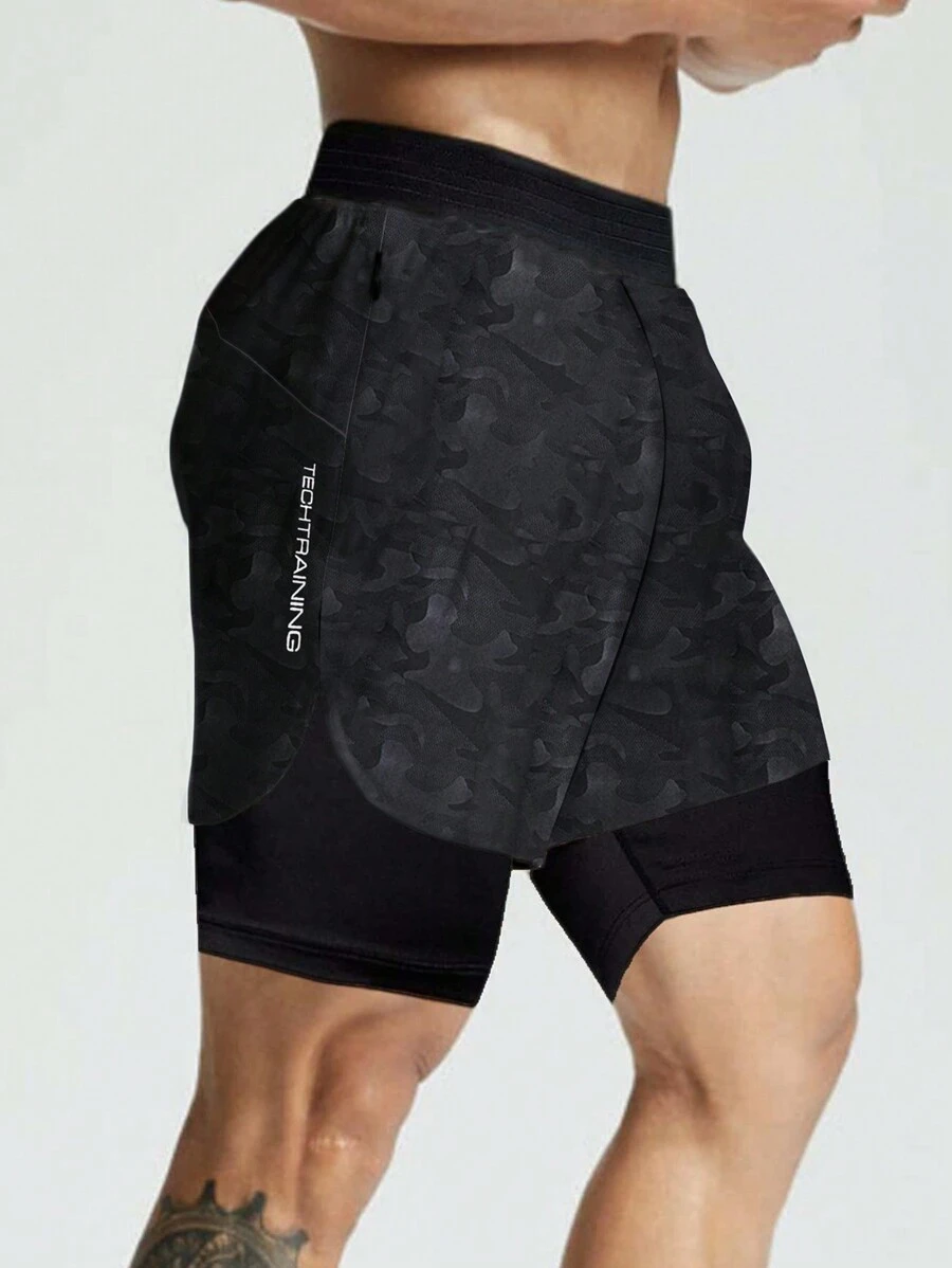Manfinity Fitness Men's Letter Print Patch Pocket Athletic Shorts For Summer