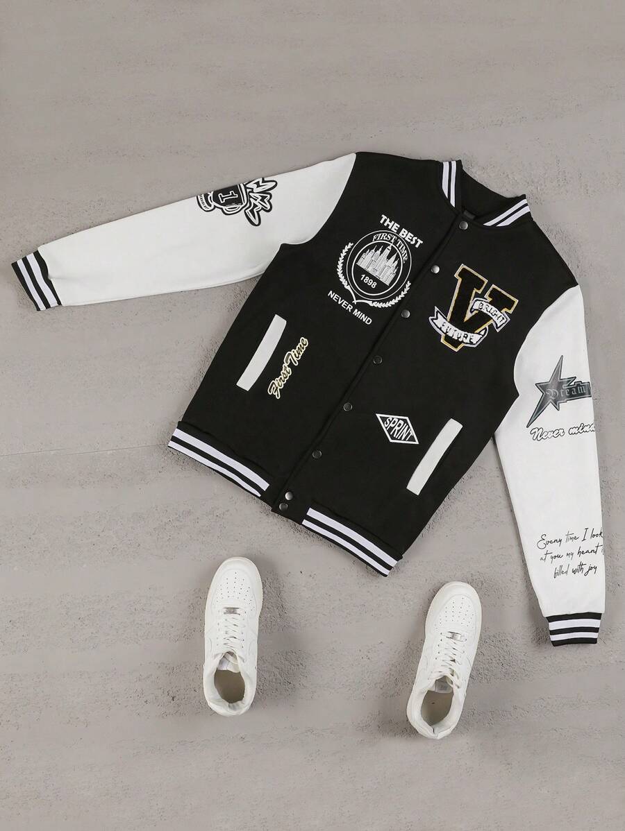 Manfinity Sporsity Men's Letter & Striped Long Sleeve Casual Baseball Jacket, Autumn, Mens Varsity Jacket, Baseball Jacket, Black And White Jacket