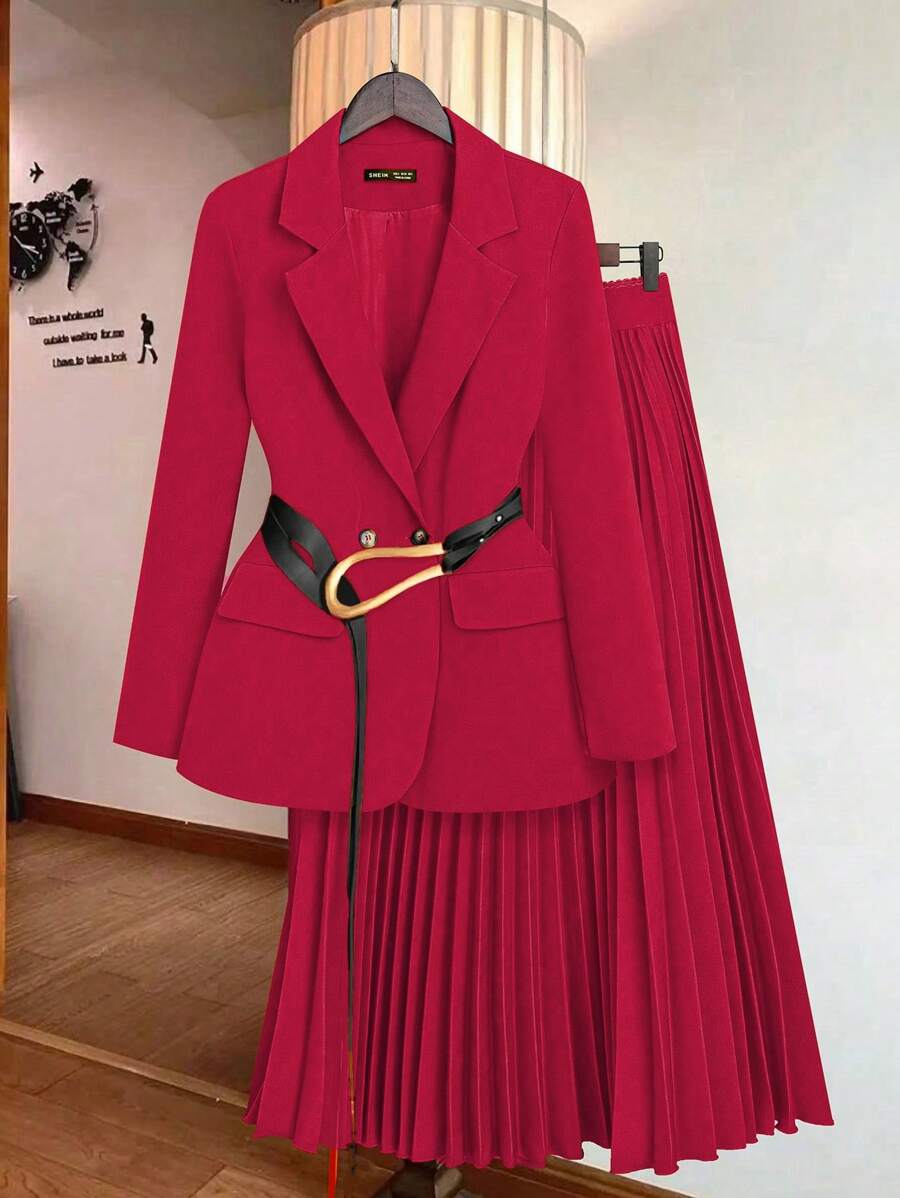 SHEIN Clasi Conjunto de traje de mujer con blazer y falda plisada