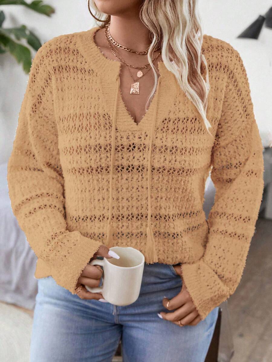 Calvaya Plus Size Casual Solid Color Hollow-Out Knitted Sweater