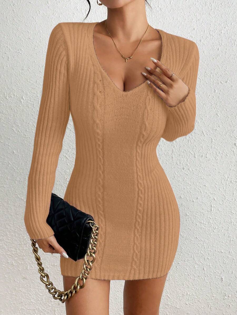 Chiquease Women's Solid Color V-Neck Long Sleeve Casual Cropped Sweater Dress