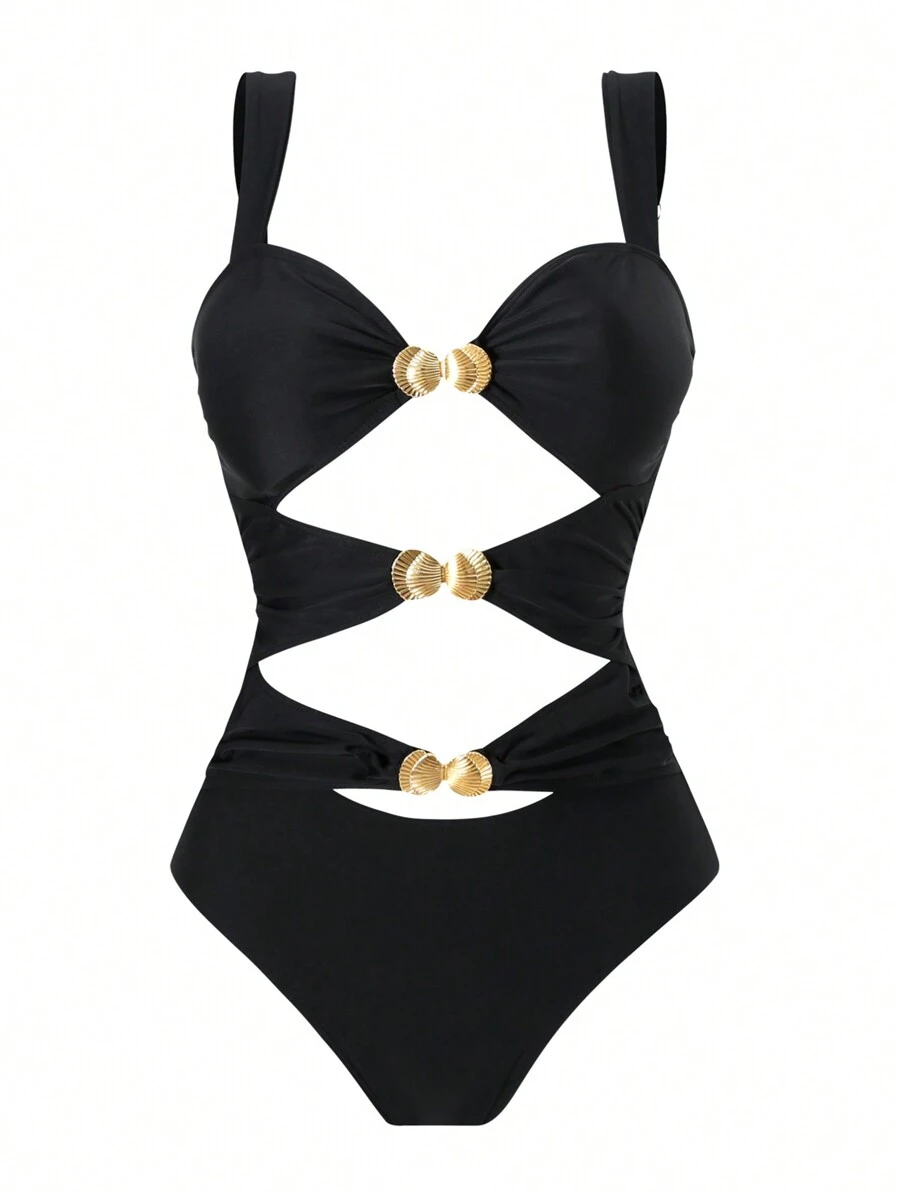SHEIN X Sofía Suescun SHEIN Swim 1pc Vrouwen Zee-element Shell Cutout Sexy Rugloze Band Eendelig Badpak, Effen Kleur Elegante Vakantie Badmode Zomer