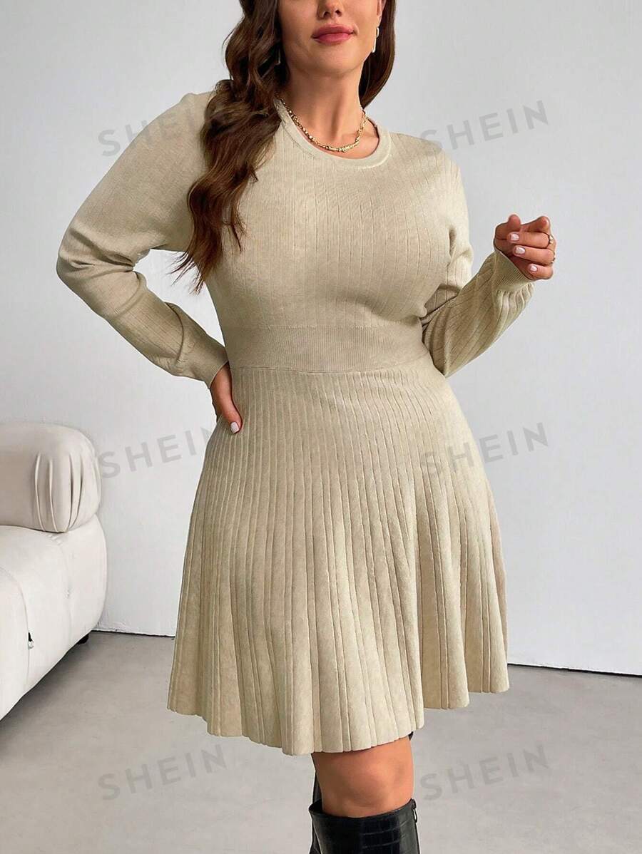 SHEIN Privé Vestido suéter abotonado de manga larga, ajustado y acampanado, de estilo minimalista elegante y cálido, apto como capa base u prenda exterior para mujeres, otoño/invierno, talla grande