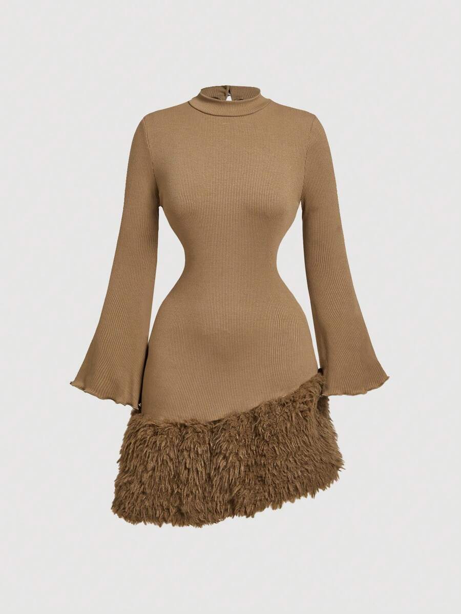 SHEIN MOD Black Asymmetric Hem Puff Sleeve Fuzzy Panel Long Sleeve Dress For Date & Party,Formal Dress,Fall Women Dresses,Cruise Women Outfits,Halloween Clothes,Goth,Corpse Bride,Dinner Outfit,Birthday Women Outfits,Homecoming Dresses,Renaissance Dress,Black Long Sleeve Dress