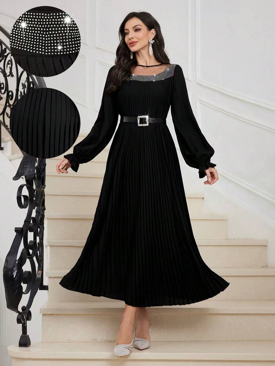 Al Najma Women's Extra Loose Arabian Solid Color Rhinestone Pleated Hem Modest Long Sleeve Dress, Elegant A Line Arabian Dresses, For Evening Party/Wedding Guest/Anniversary