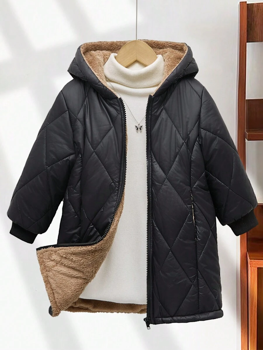 Young Girl Plain Color Thermal Lined Hooded Zip-Up Long Sleeve Padded Coat, For Winter