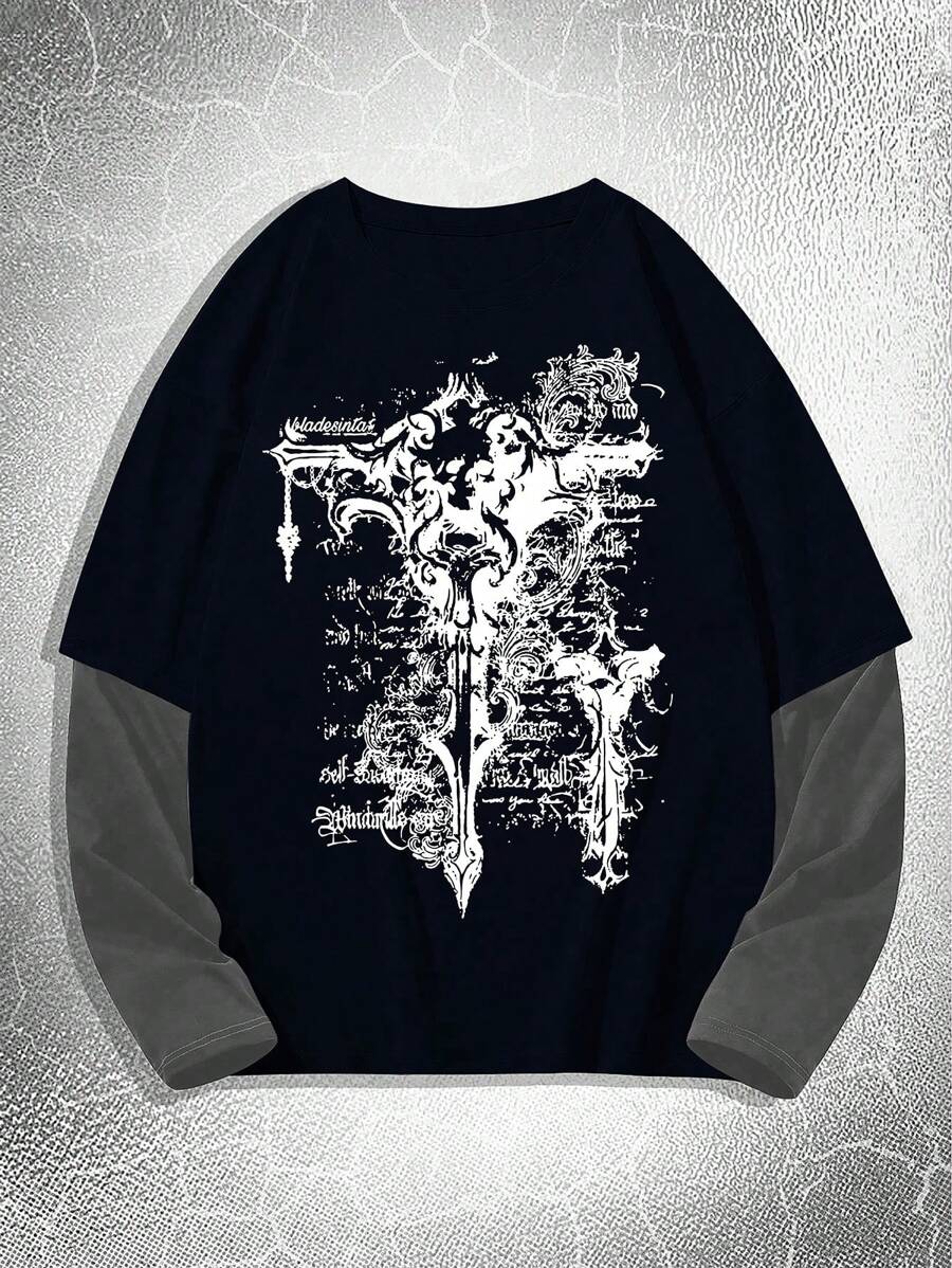 Manfinity Dauomo Men's Letter Print Round Neck Long Sleeve Casual Mock 2-In-1 T-Shirt, Autumn