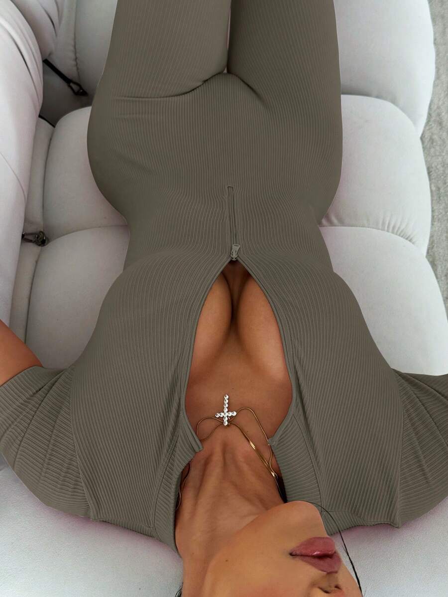 Slayoga Women's Solid Color Front Zipper Short Sleeve Casual Sport Jumpsuit