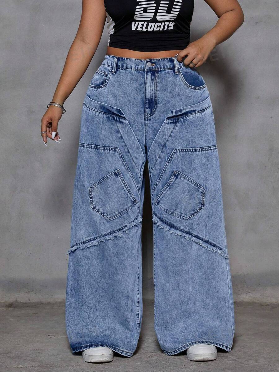 SHEIN ICON Pantalones vaqueros casuales, holgados y versátiles con bolsillos para mujer en tallas grandes