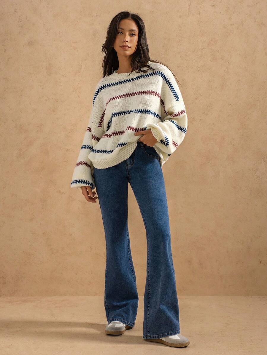 Forever 21 Pantalon en jean évasé stretch de couleur unie, polyvalent et décontracté